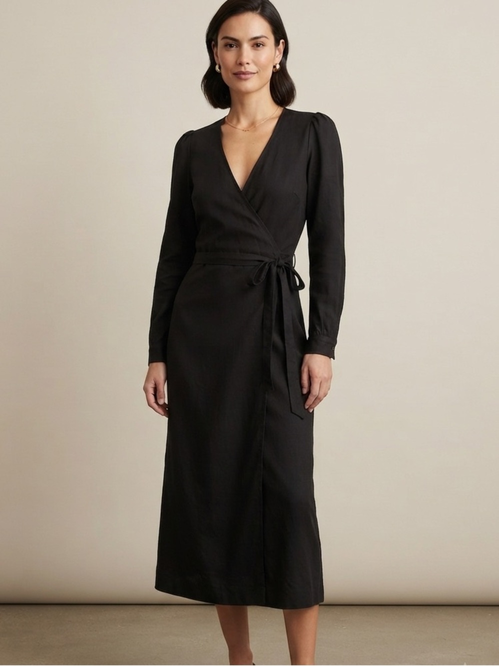 KOTN Sz M Cotton Black Classic Midi Wrap Dress